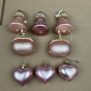 Vintage Glass Ornament Lot Of 8 Pink Bells Hearts Purses Germany Columbia